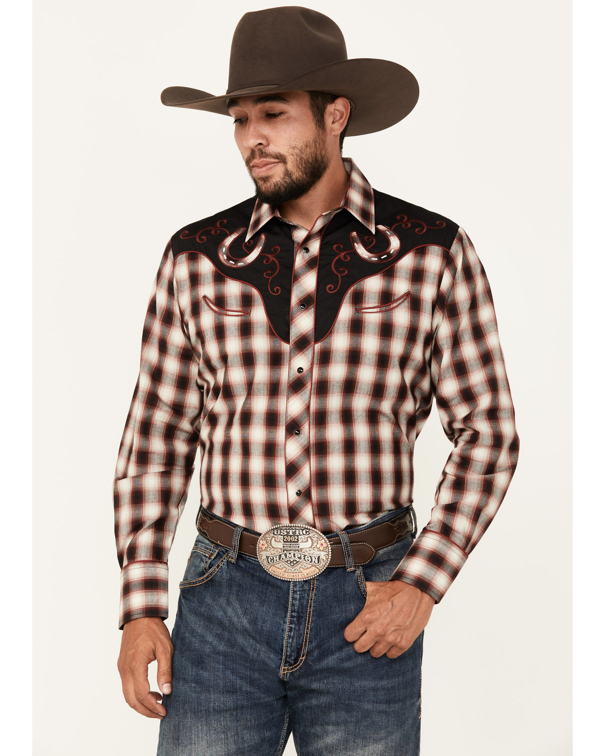 Roper Men's Plaid Print Embroidered Long Sleeve Snap Western Shirt