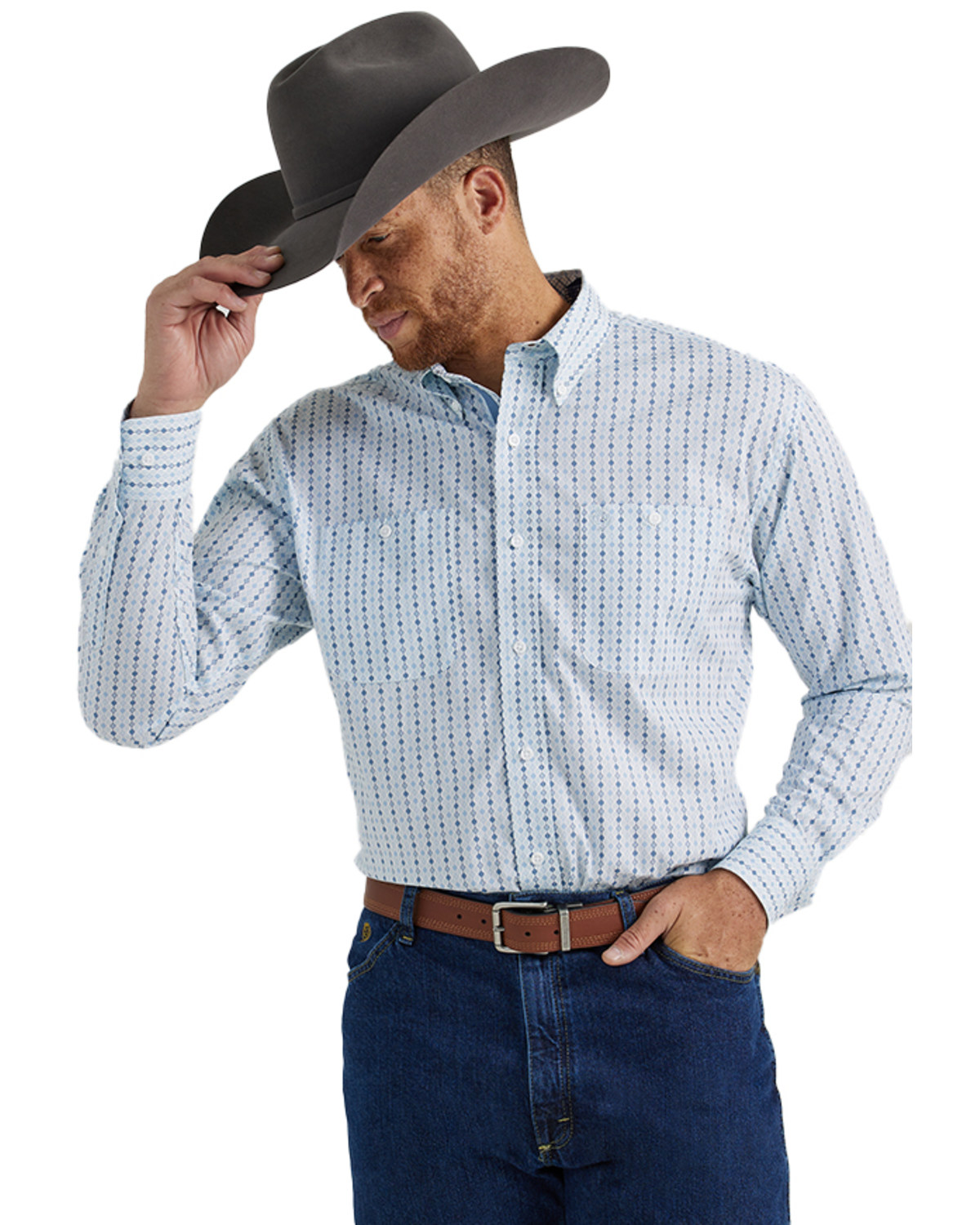 George Strait by Wrangler Men's Geo Print Long Sleeve Button-Down Stretch Western Shirt