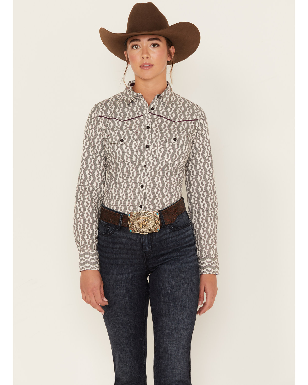 RANK 45® Women's Geo Striped Print Long Sleeve Button-Down Riding Shirt
