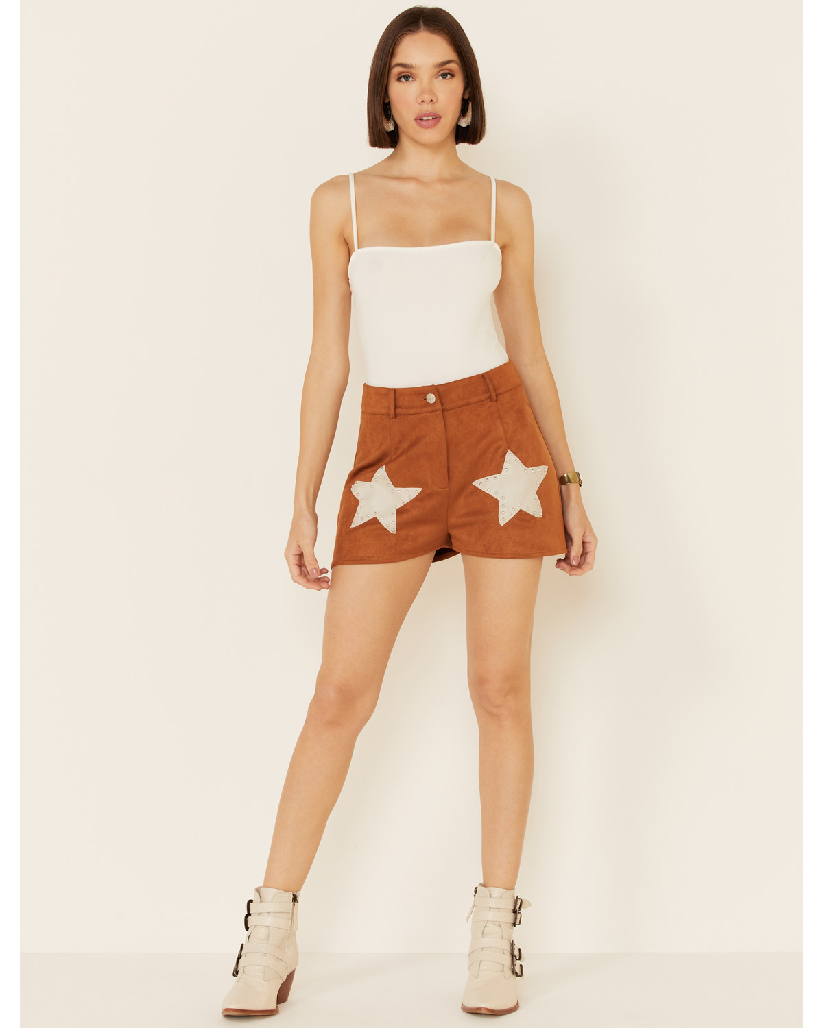 Saints & Hearts Women's Tan Faux Suede Star Shorts