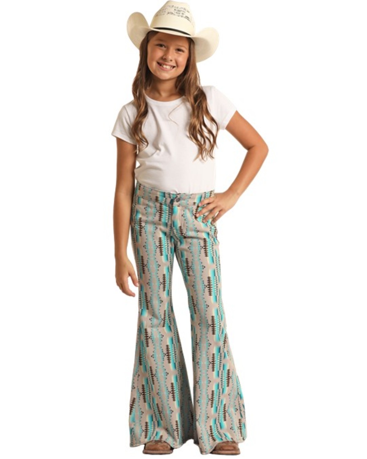 Rock & Roll Denim Girls' High Rise Southwestern Print Extra Stretch Button Flare Jeans