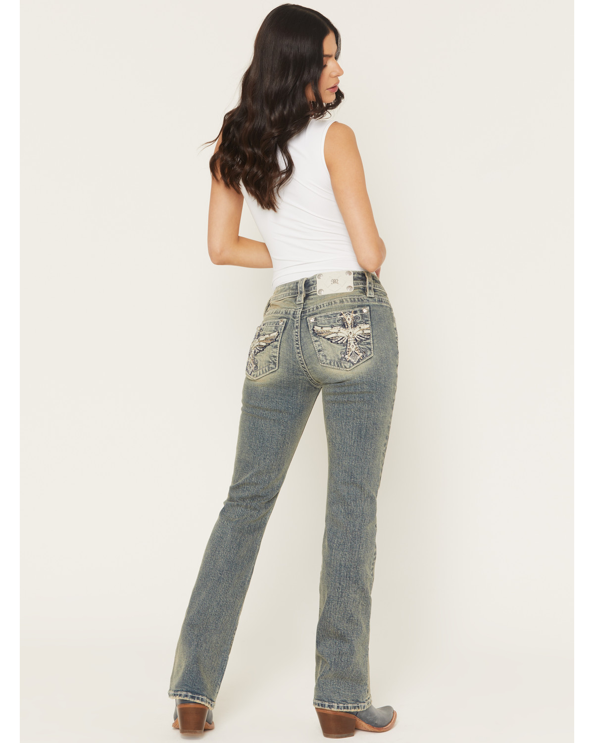 Miss Me Women's Dark Wash Mid Rise Winged Pocket 32" Bootcut Stretch Denim Jeans