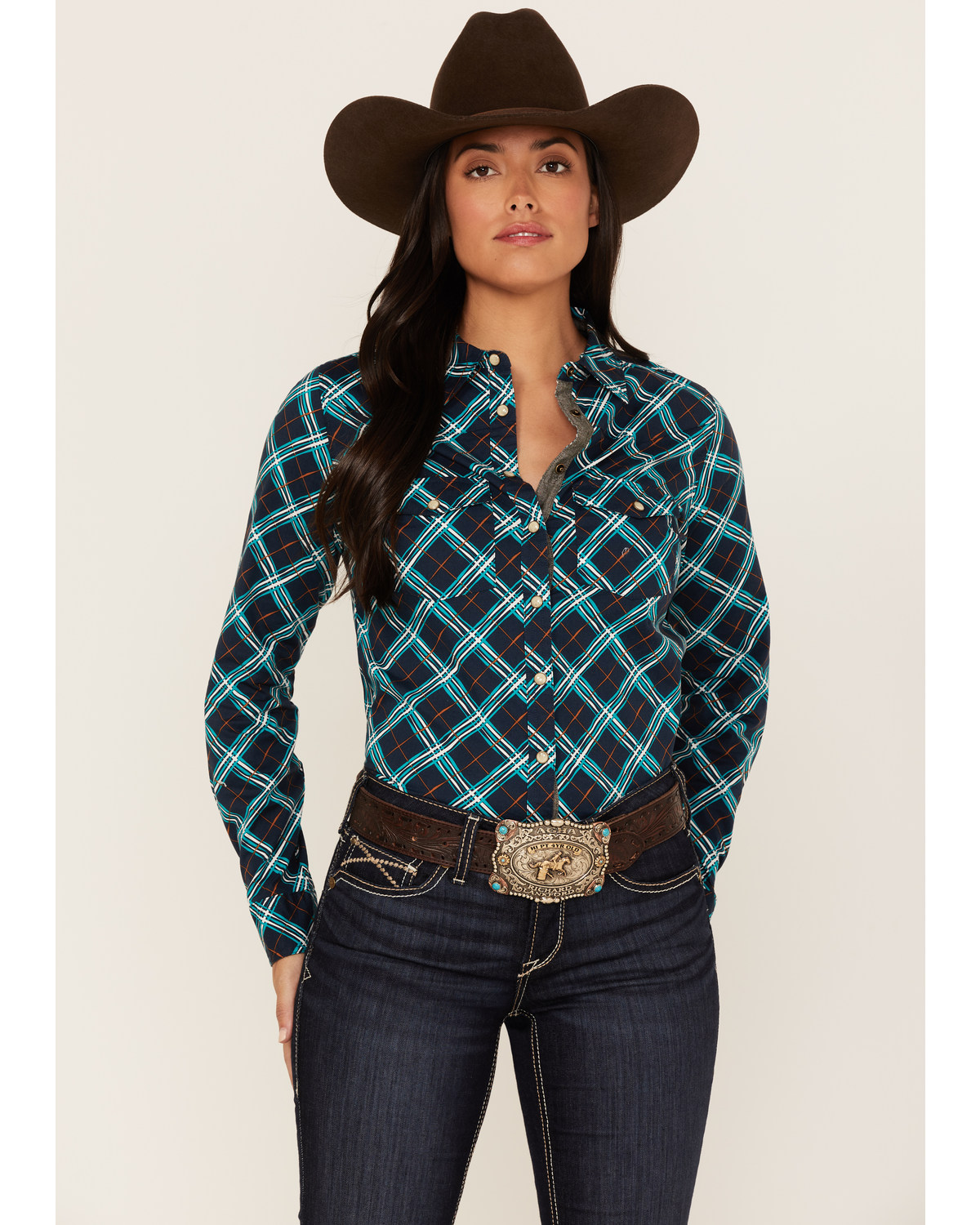 RANK 45® Women's Plaid Print Long Sleeve Stretch Western Riding Shirt