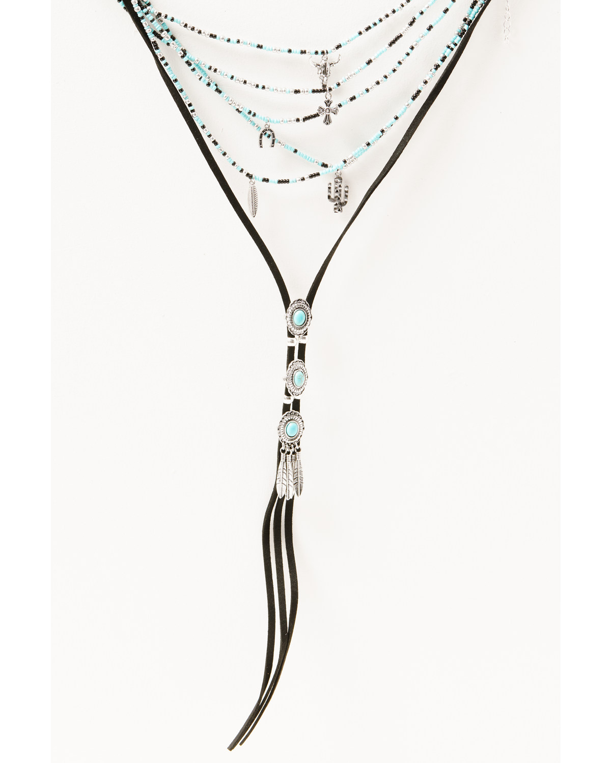 Shyanne Women's Leather Layered Turquoise Beaded & Silver Concho Fringe Charm Necklace