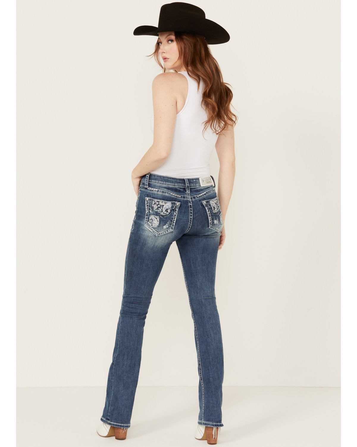 Grace LA Women's Medium Wash Paisley Pocket Mid Rise Stretch Denim Jeans