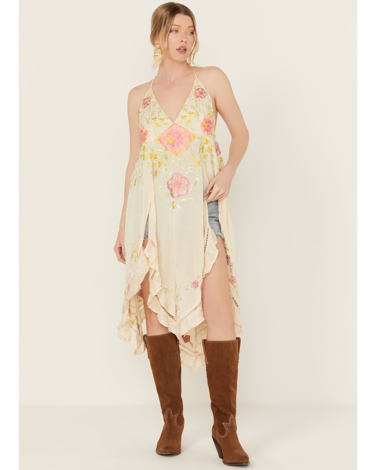 Free People Women's Full Bloom Floral Embroidered Long Tank Top