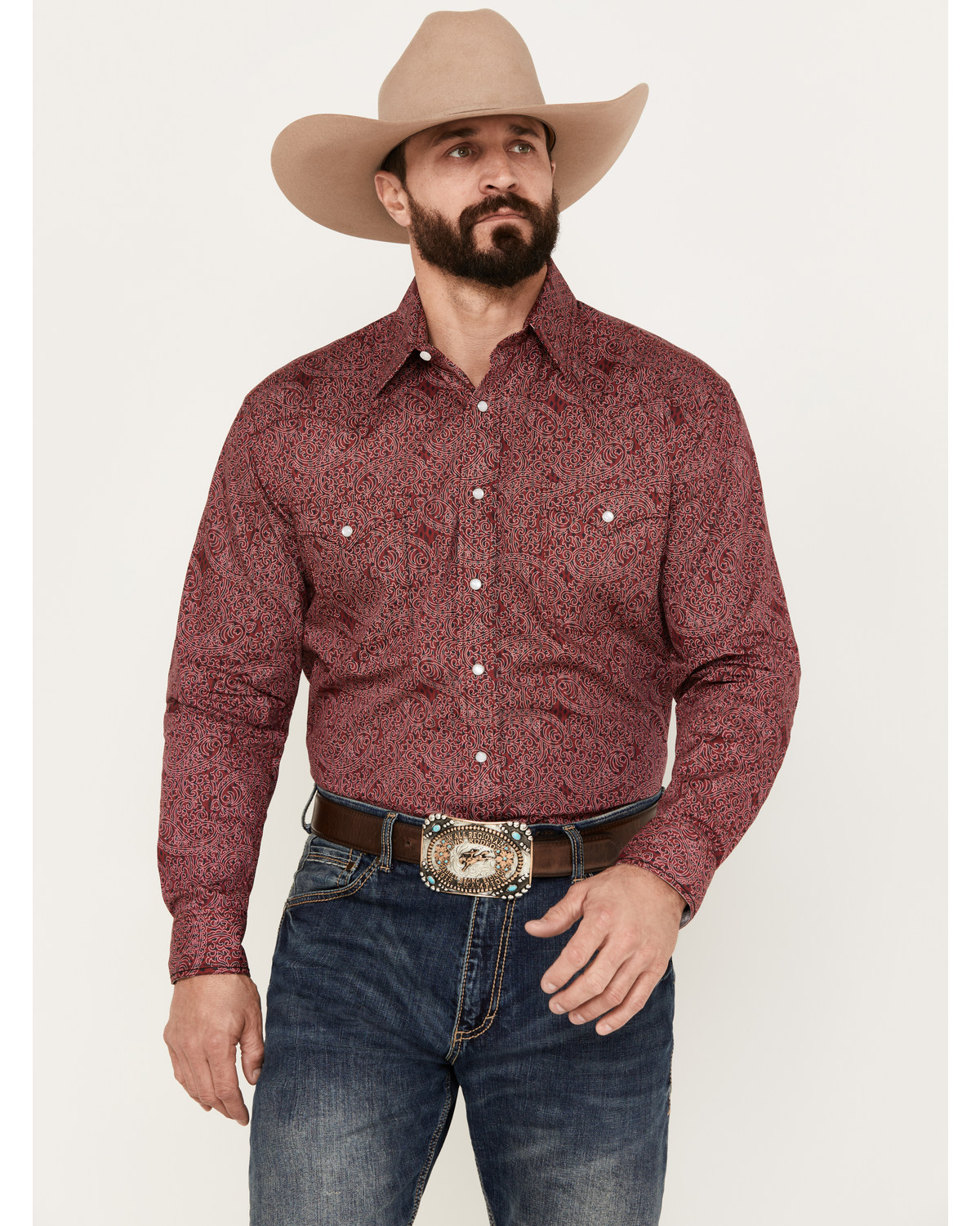Rough Stock by Panhandle Men's Paisley Geo Print Long Sleeve Pearl Snap Western Shirt