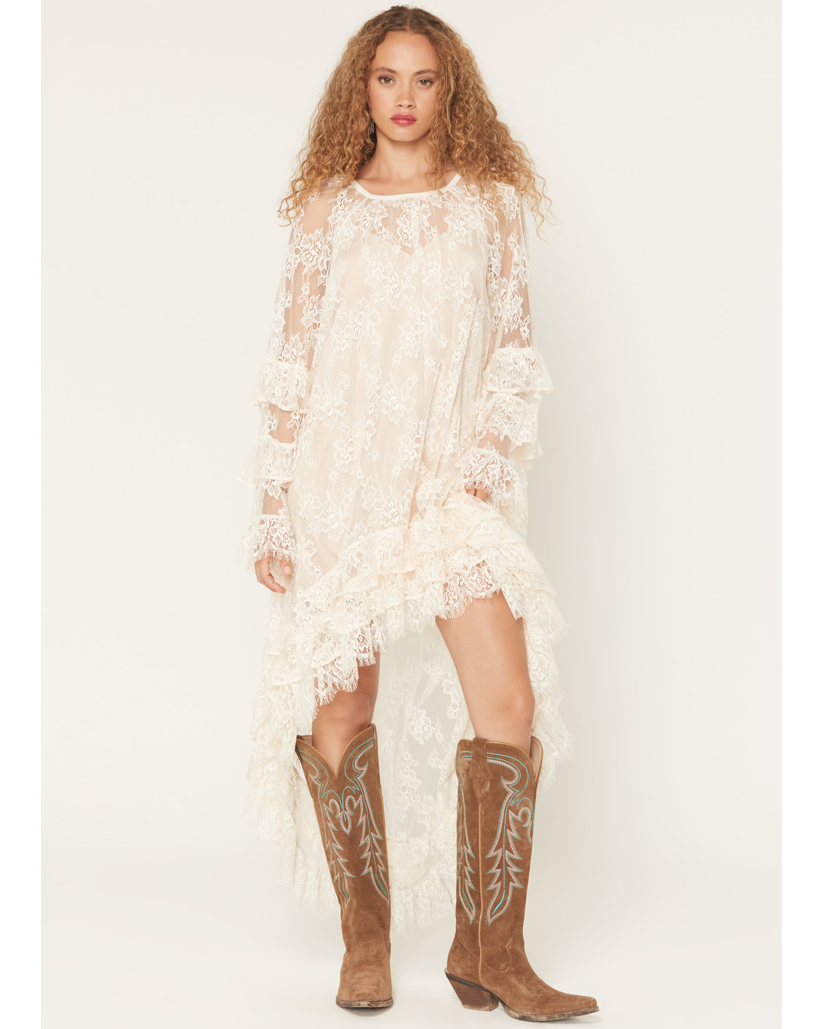 Show Me Your Mumu Women's Joelle Tiered Sleeve Lace High-Low Midi Dress