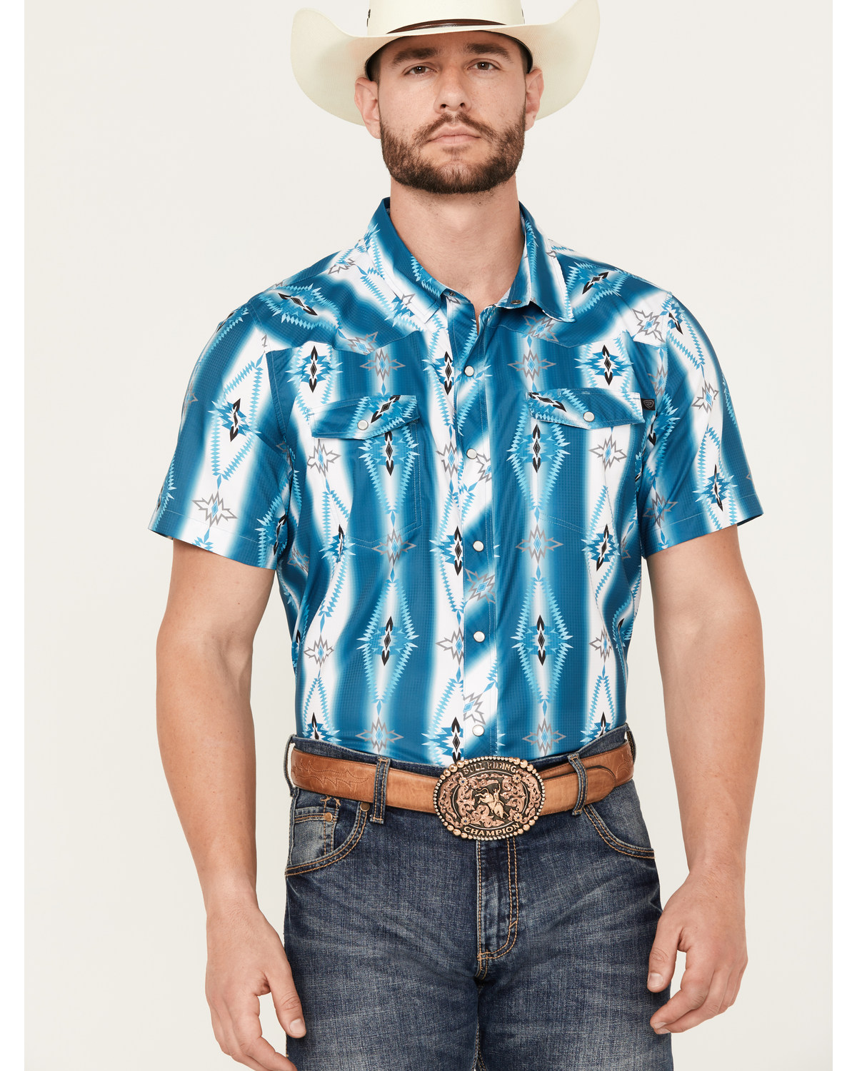 Rock & Roll Denim Men's Southwestern Print Short Sleeve Performance Snap Western Shirt