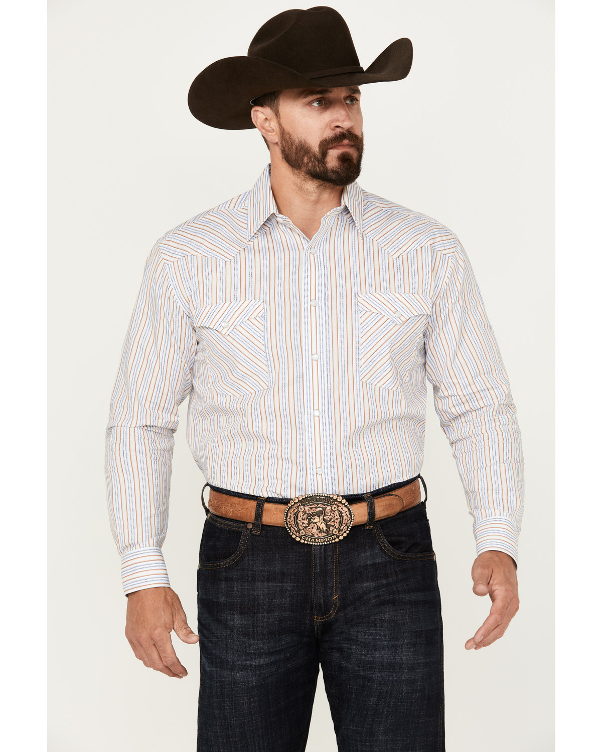 Rough Stock by Panhandle Men's Dobby Striped Print Long Sleeve Pearl Snap Western Shirt