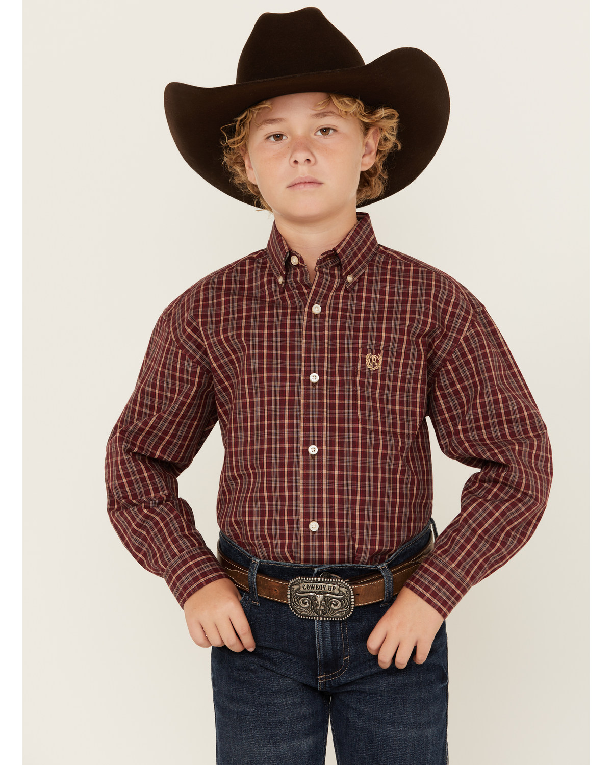 Panhandle Select Boys' Plaid Print Long Sleeve Button Down Western Shirt
