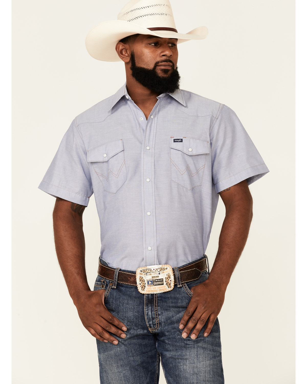 Wrangler Men's Chambray Rigid Cowboy Cut Short Sleeve Pearl Snap Work Shirt