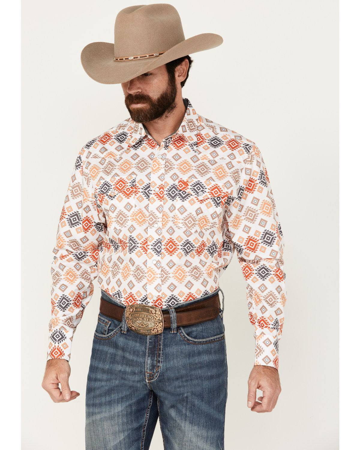 Rodeo Clothing Men's Southwestern Print Long Sleeve Pearl Snap Western Shirt