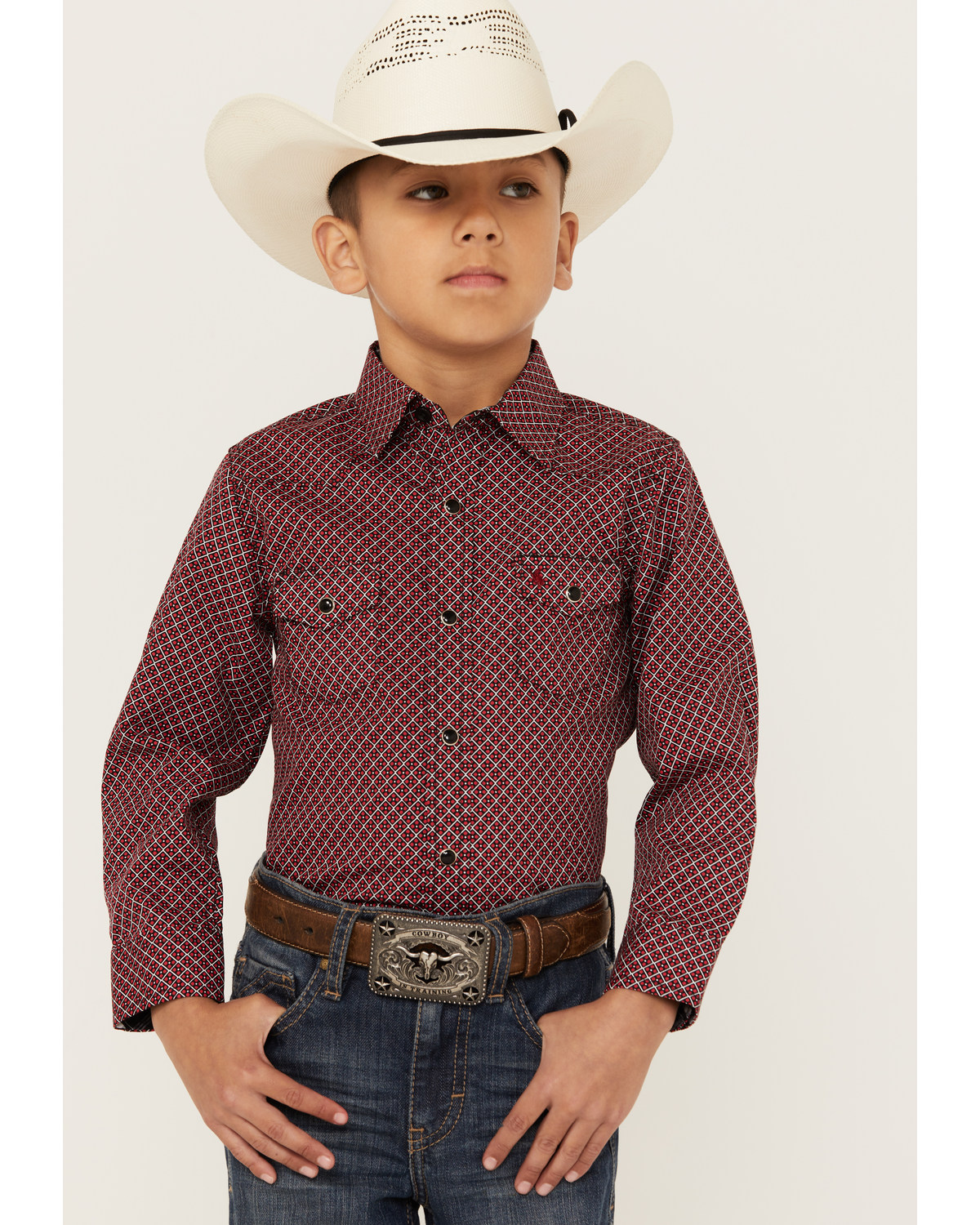 Rodeo Clothing Boys' Geo Square Dot Print Long Sleeve Snap Western Shirt