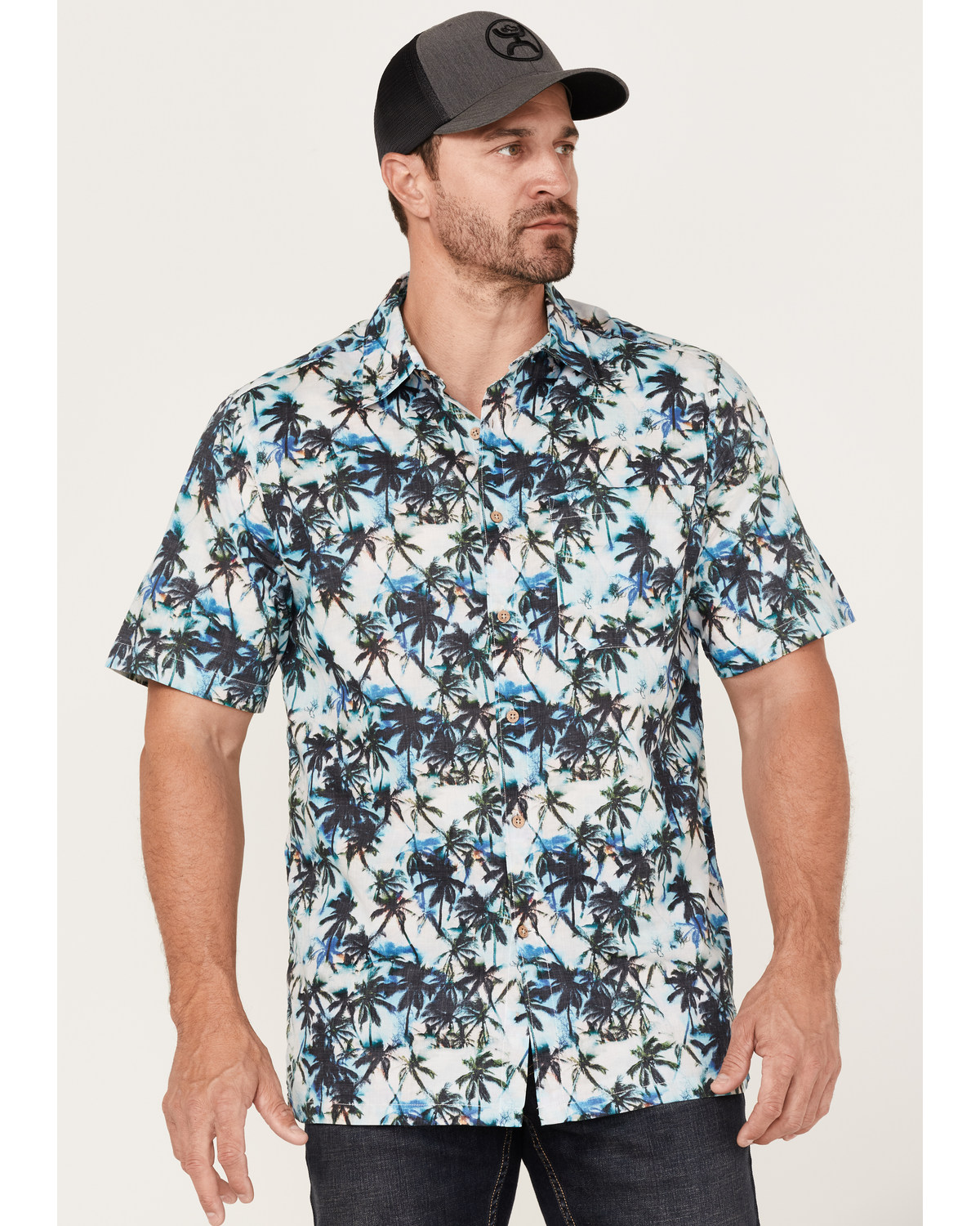 Scully Men's Palm Tree Floral Print Short Sleeve Button Down Western Shirt