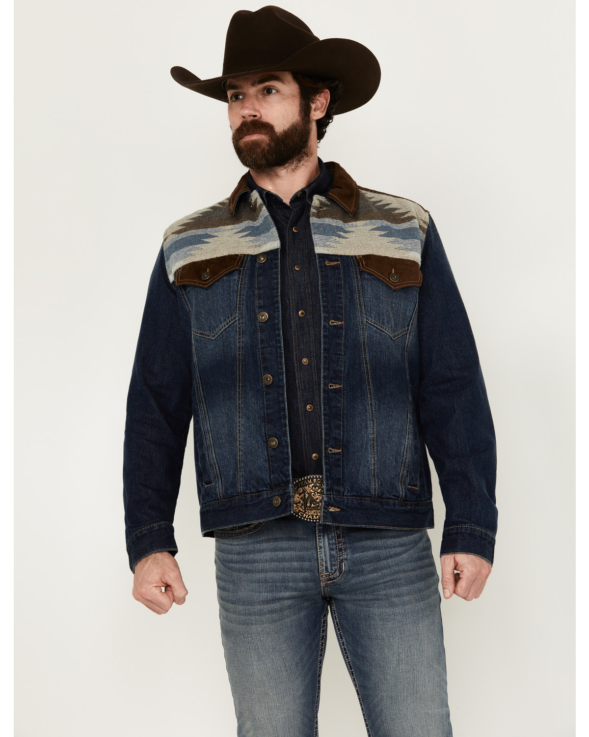 Cody James Men's Freedom Southwestern Yoke And Suede Trim Denim Jacket