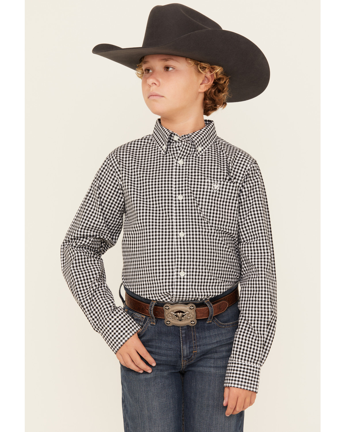 Ariat Boys' Pro Jayden Gingham Long Sleeve Button-Down Western Shirt