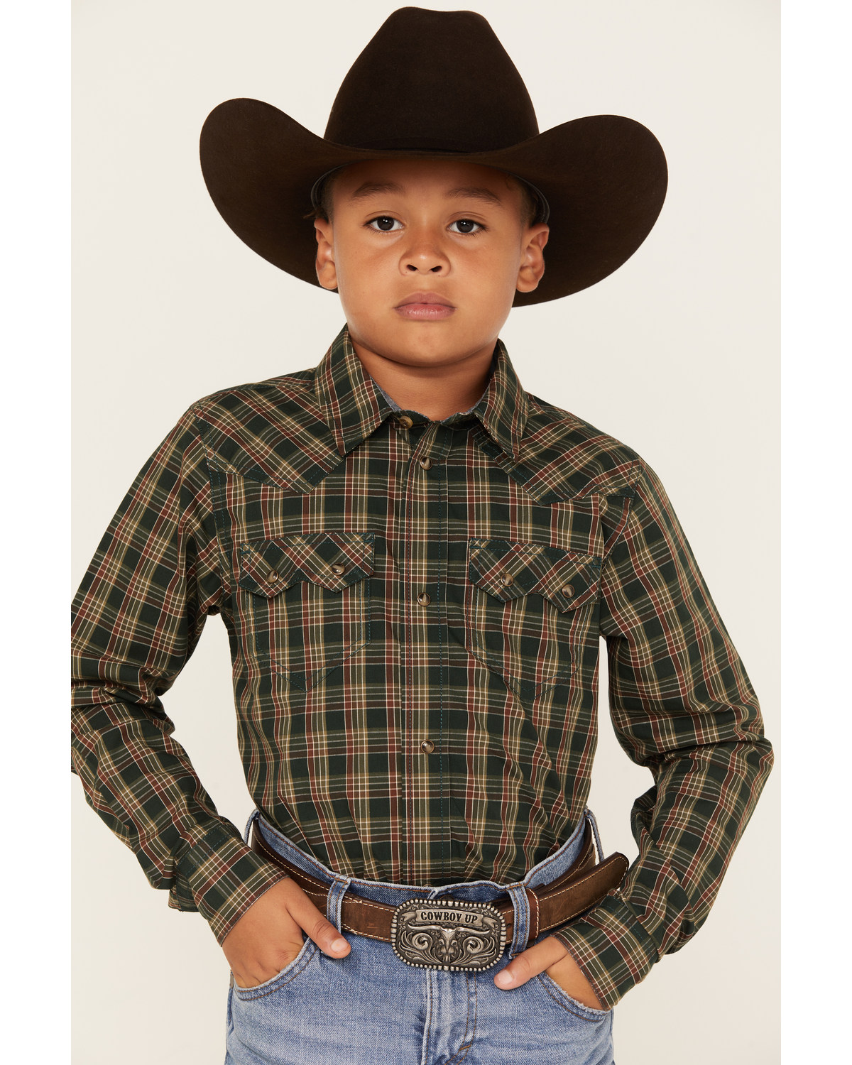 Cody James Boys' Douglas Fir Plaid Print Long Sleeve Snap Western Shirt