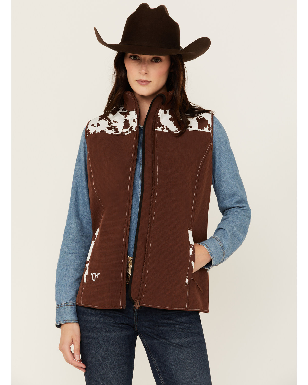 Cowgirl Hardware Women's Cow Print Yoke Softshell Vest