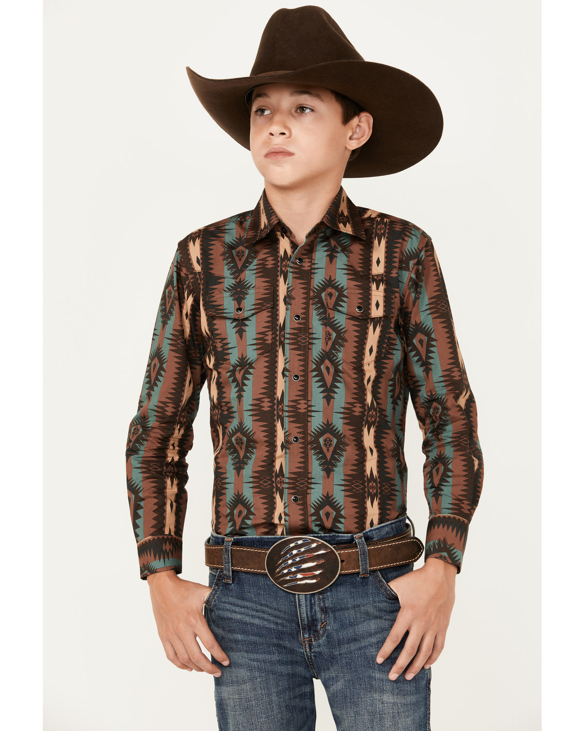 Wrangler Boys' Checotah Southwestern Striped Long Sleeve Snap Western Shirt