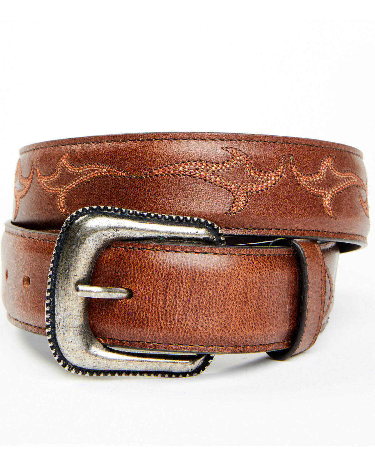 Moonshine Spirit Men's Brown Western Red & Orange Stitch Leather Belt