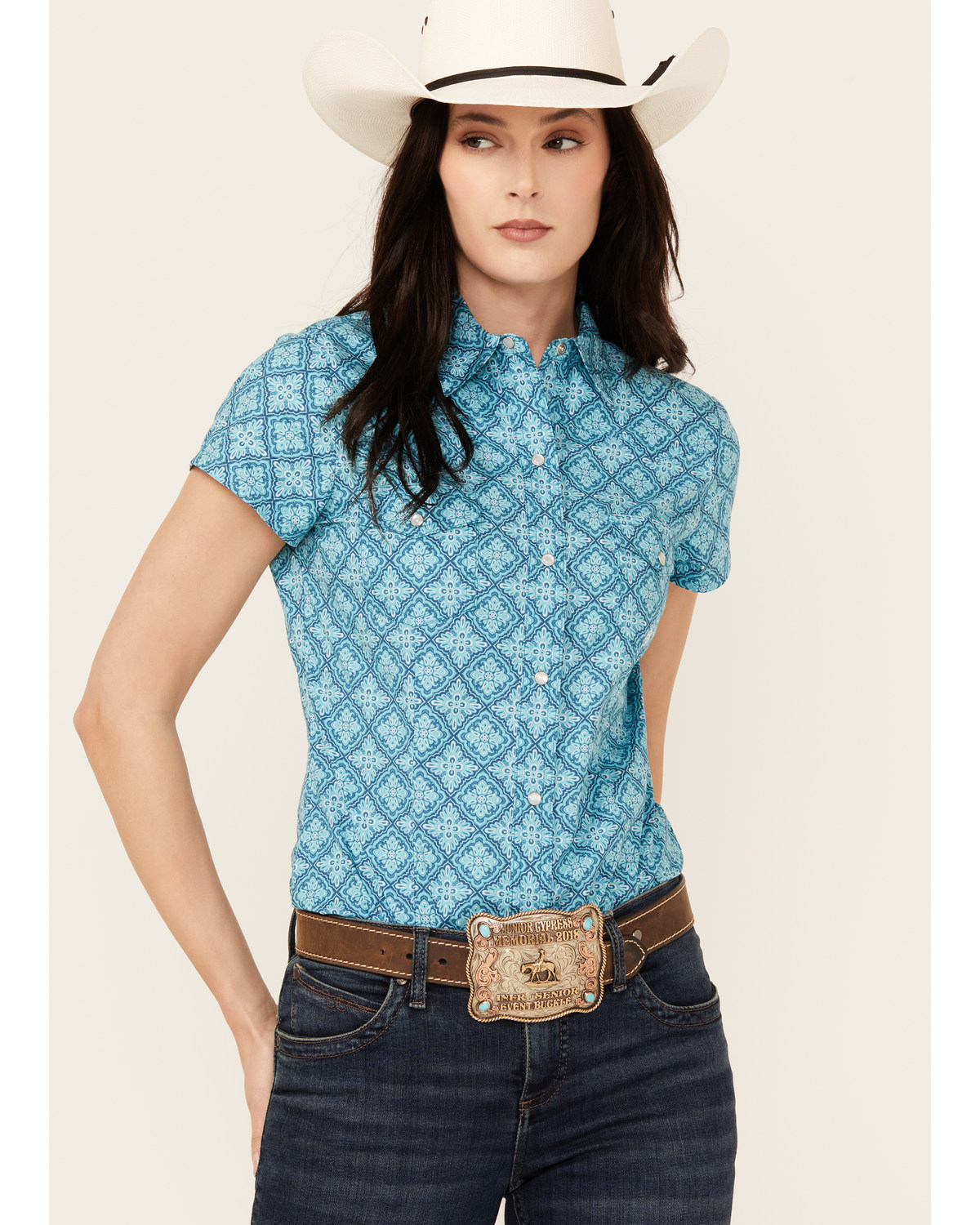 Roper Women's Turquoise Lake Geo Print Short Sleeve Snap Western Shirt