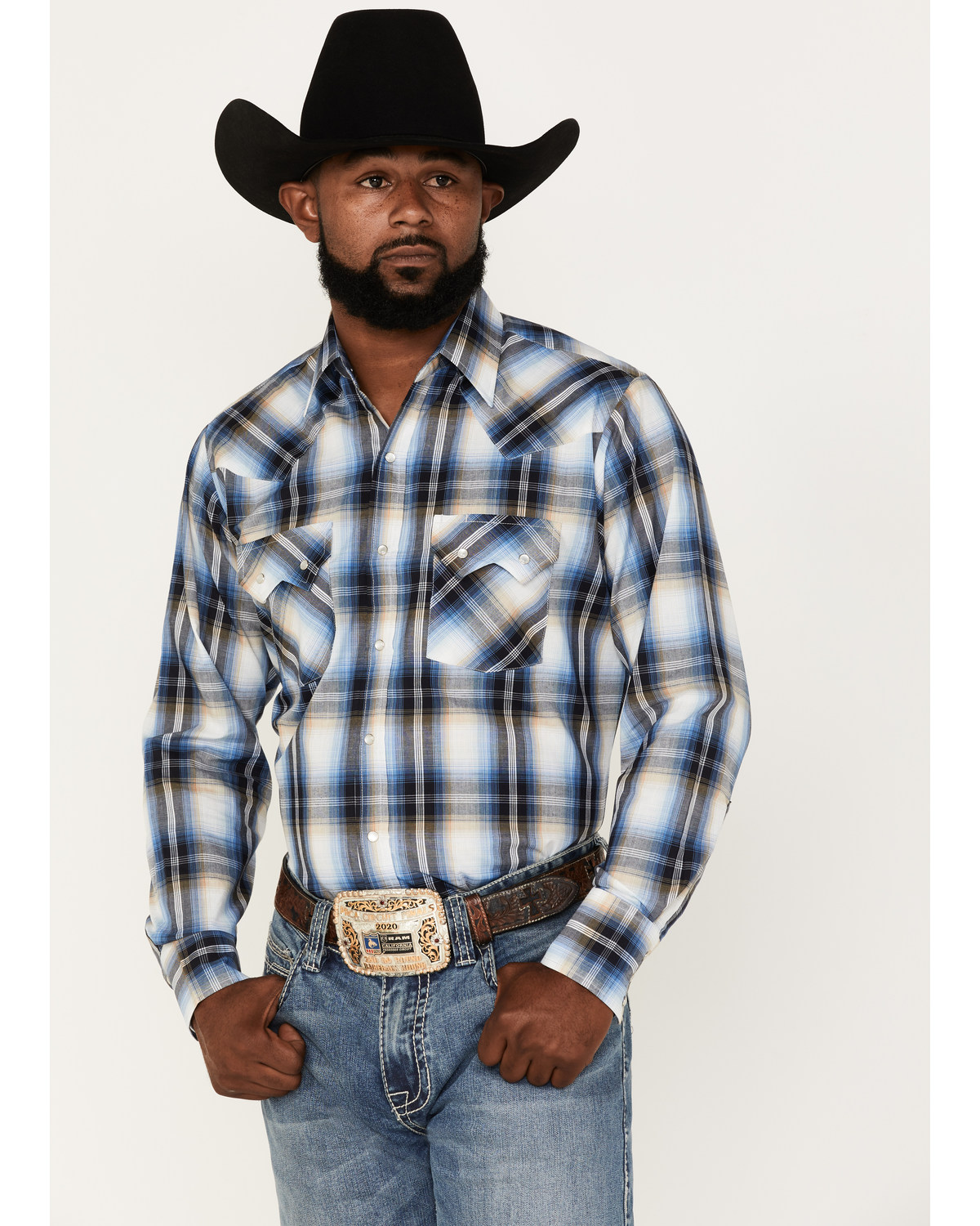 Ely Walker Men's Plaid Print Long Sleeve Pearl Snap Western Shirt