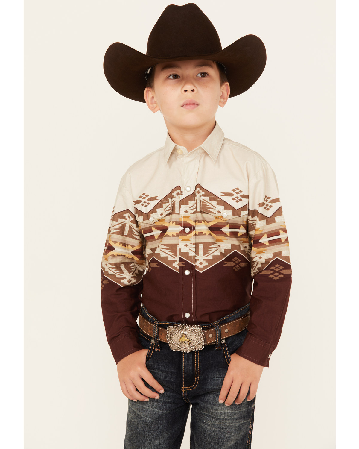 Roper Boys' Southwestern Border Print Long Sleeve Pearl Snap Western Shirt