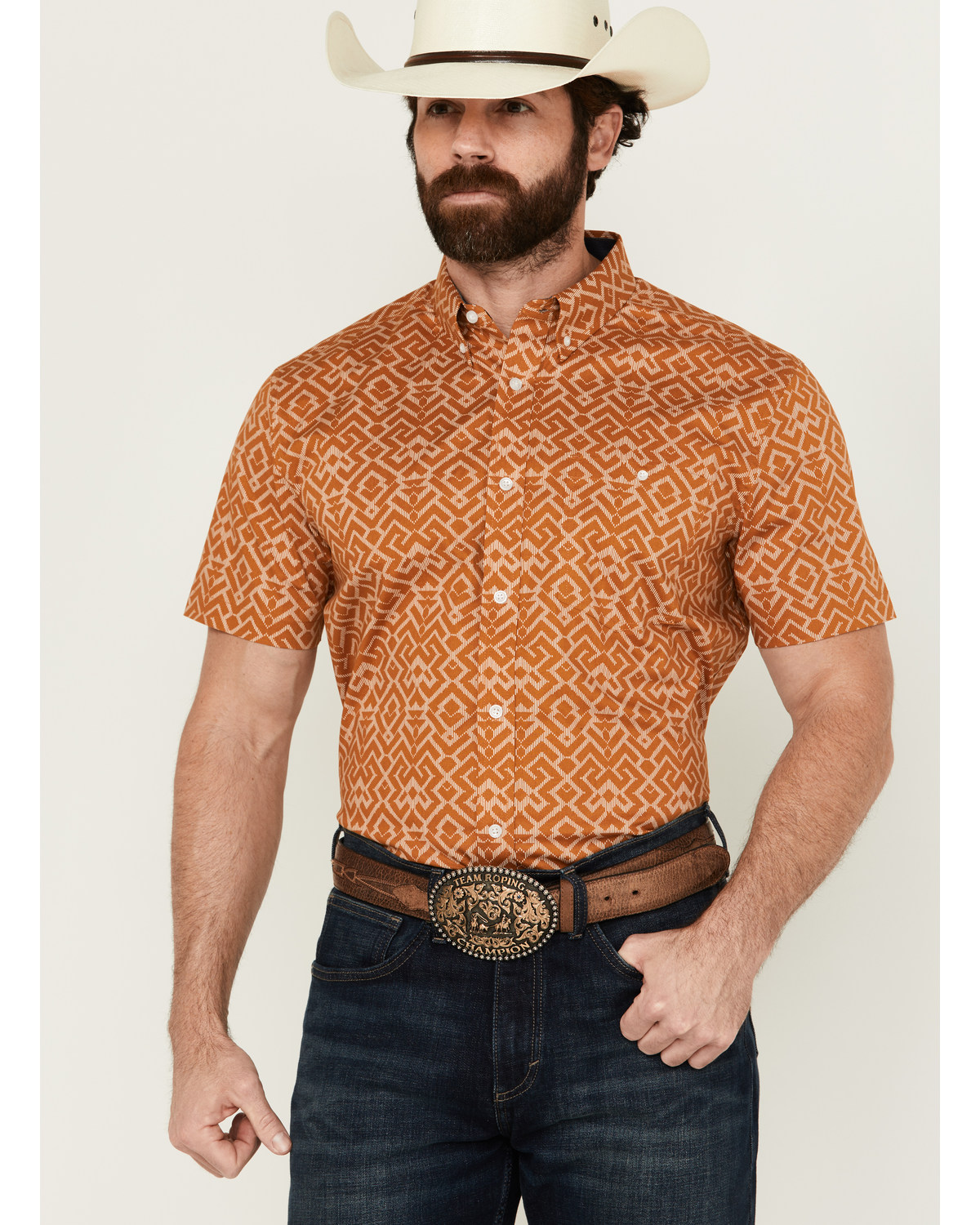 RANK 45® Men's Decker Geo Print Short Sleeve Performance Stretch Button-Down Western Shirt