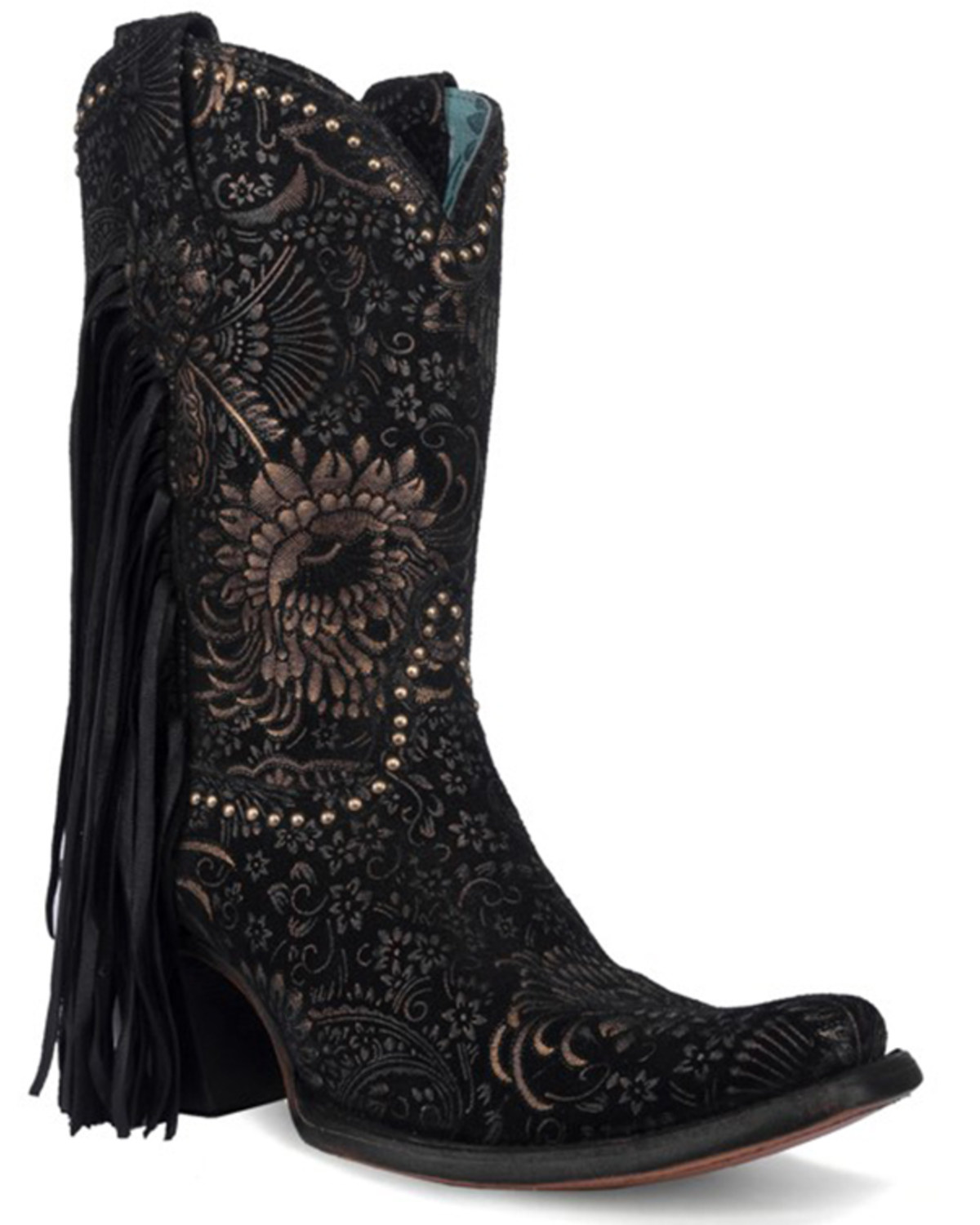 Corral Women's Stamped Floral Suede Fringe Western Boots - Square Toe