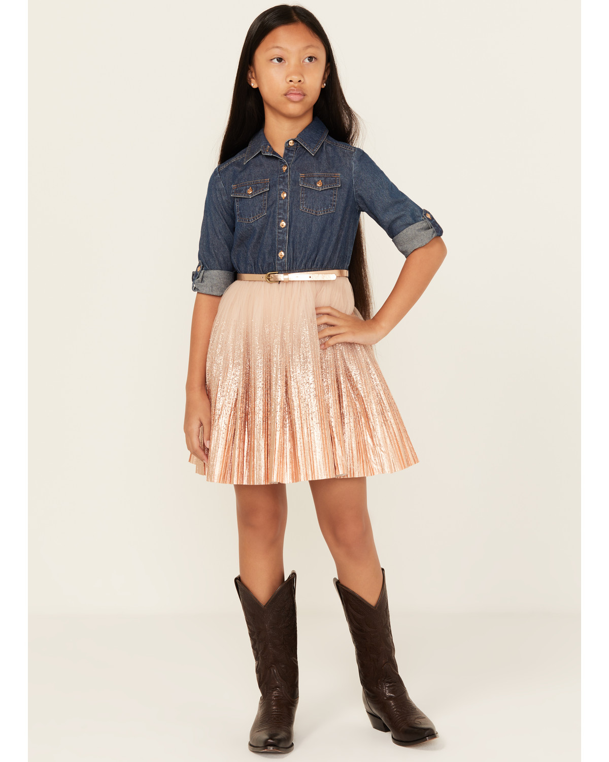 Sugar California Girls' Metallic Denim Quarter Sleeve Dress