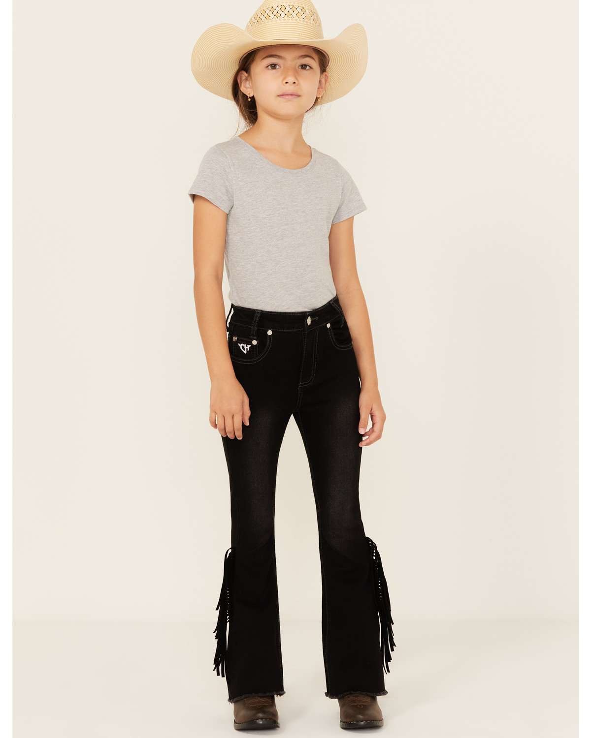 Cowgirl Hardware Girls' Side Fringe Bell Bottom Stretch Denim Jeans