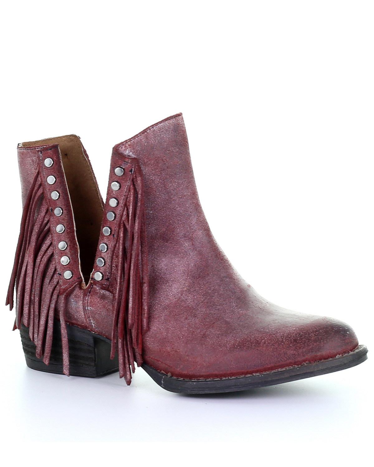 Circle G Women's Wine Studded Fringe Booties - Round Toe