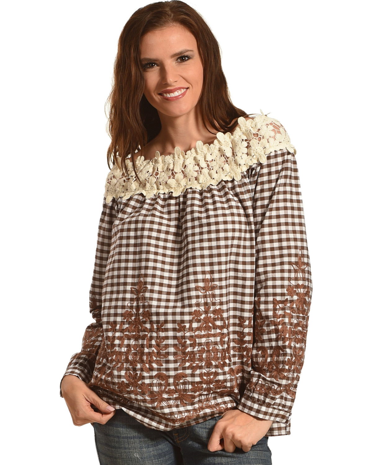 Young Essence Women's Off The Shoulder Embroidered Gingham Top