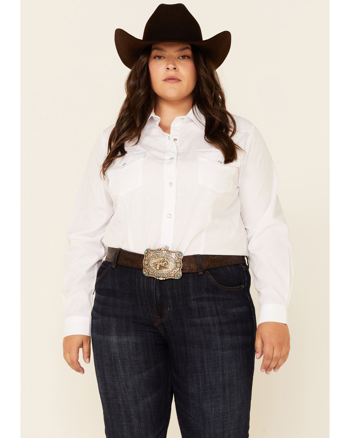 Roper Women's White Tone-on-Tone Solid Long Sleeve Snap Western Shirt