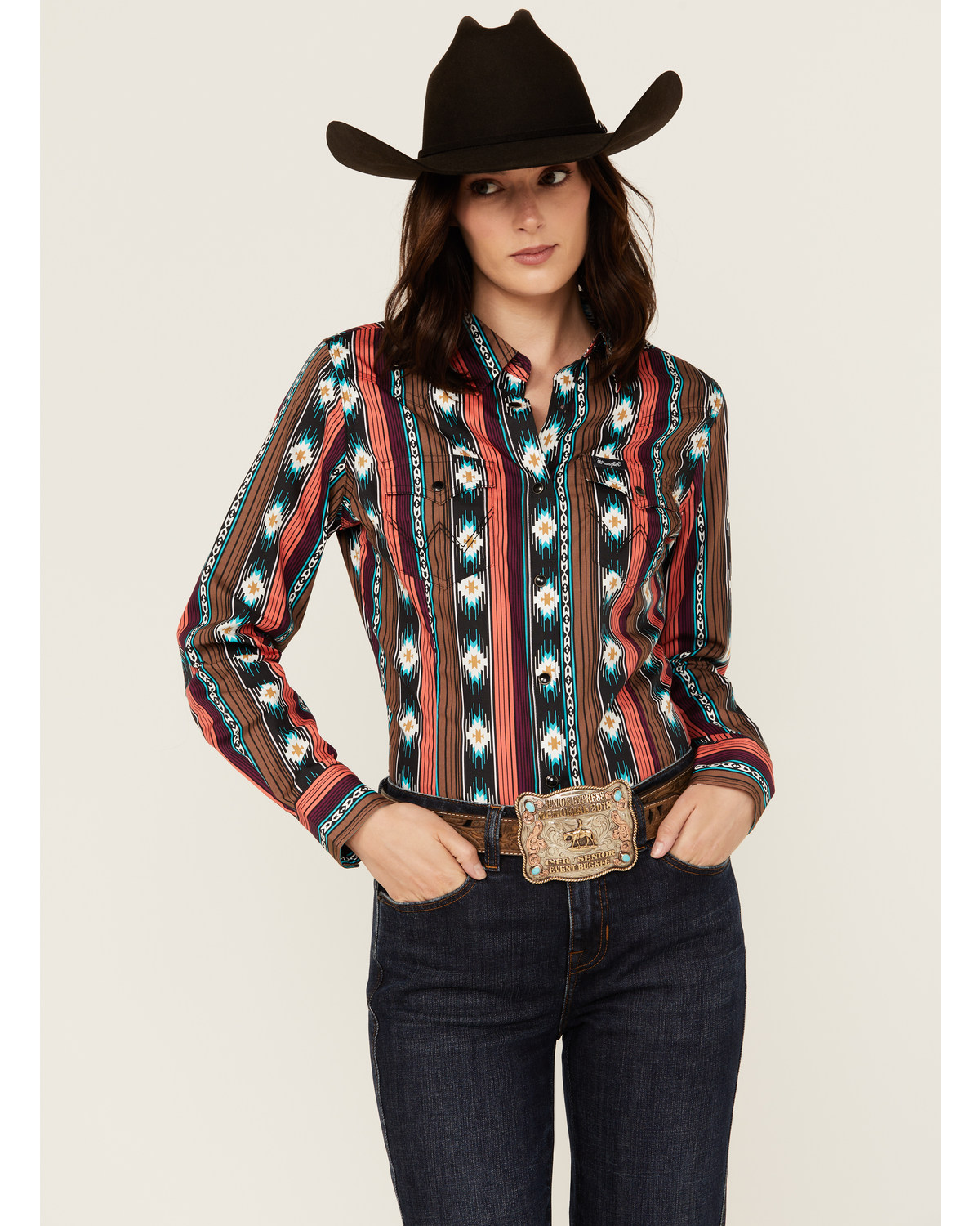 Wrangler Retro Women's Checotah Southwestern Print Long Sleeve Snap Western Shirt