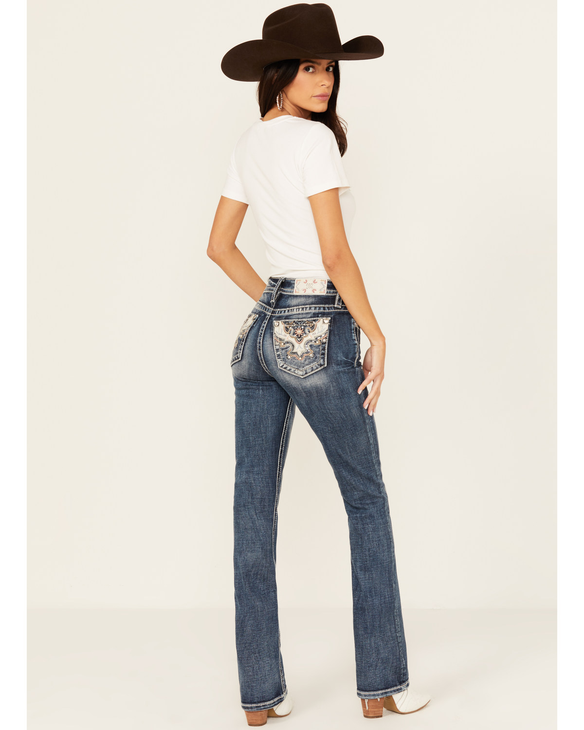 Miss Me Women's Dark Wash Mid Rise Floral Pocket Slim 34" Bootcut Stretch Denim Jeans