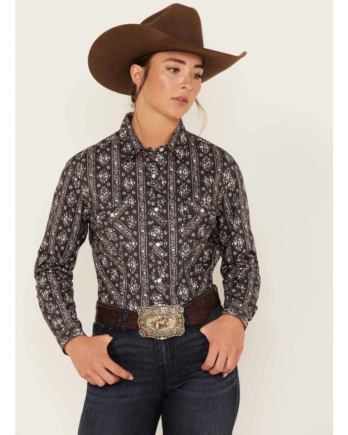 Rough Stock by Panhandle Women's Southwestern Print Long Sleeve Pearl Snap Western Shirt