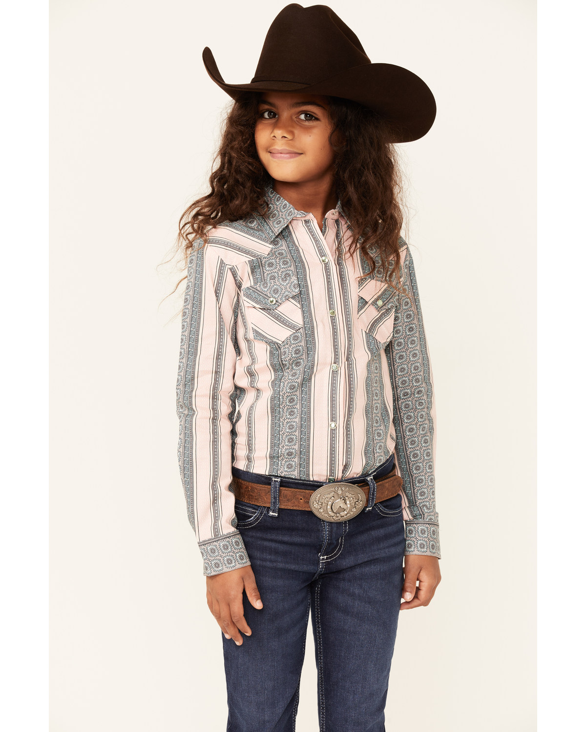Cruel Girl Girls' Medallion Stripe Long Sleeve Snap Western Shirt