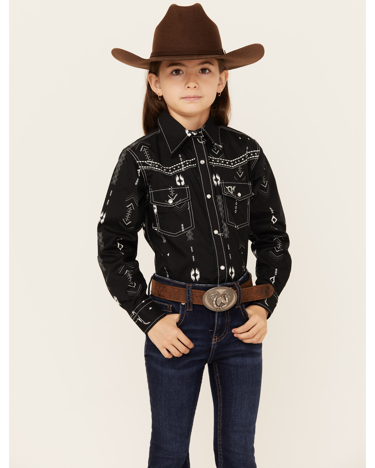 Cowgirl Hardware Girls' Skull Southwestern Print Long Sleeve Snap Western Shirt