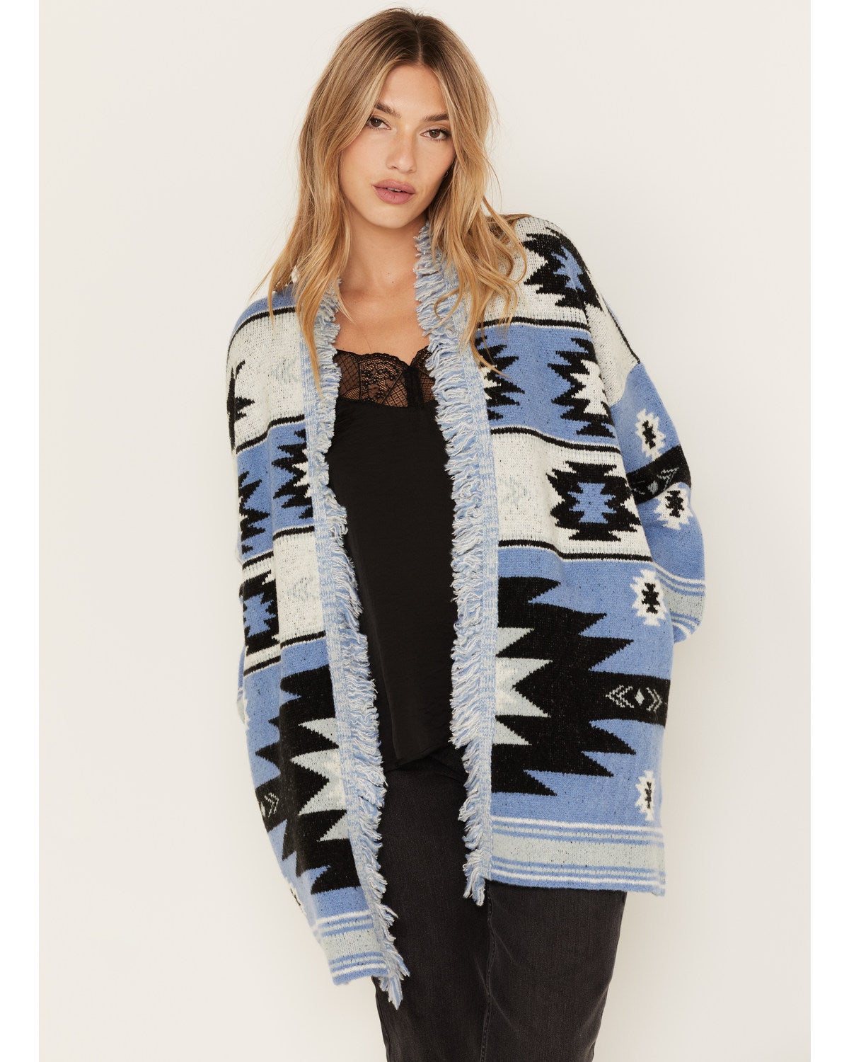 Miss Me Women's Southwestern Stripe Knit Fringe Cardigan