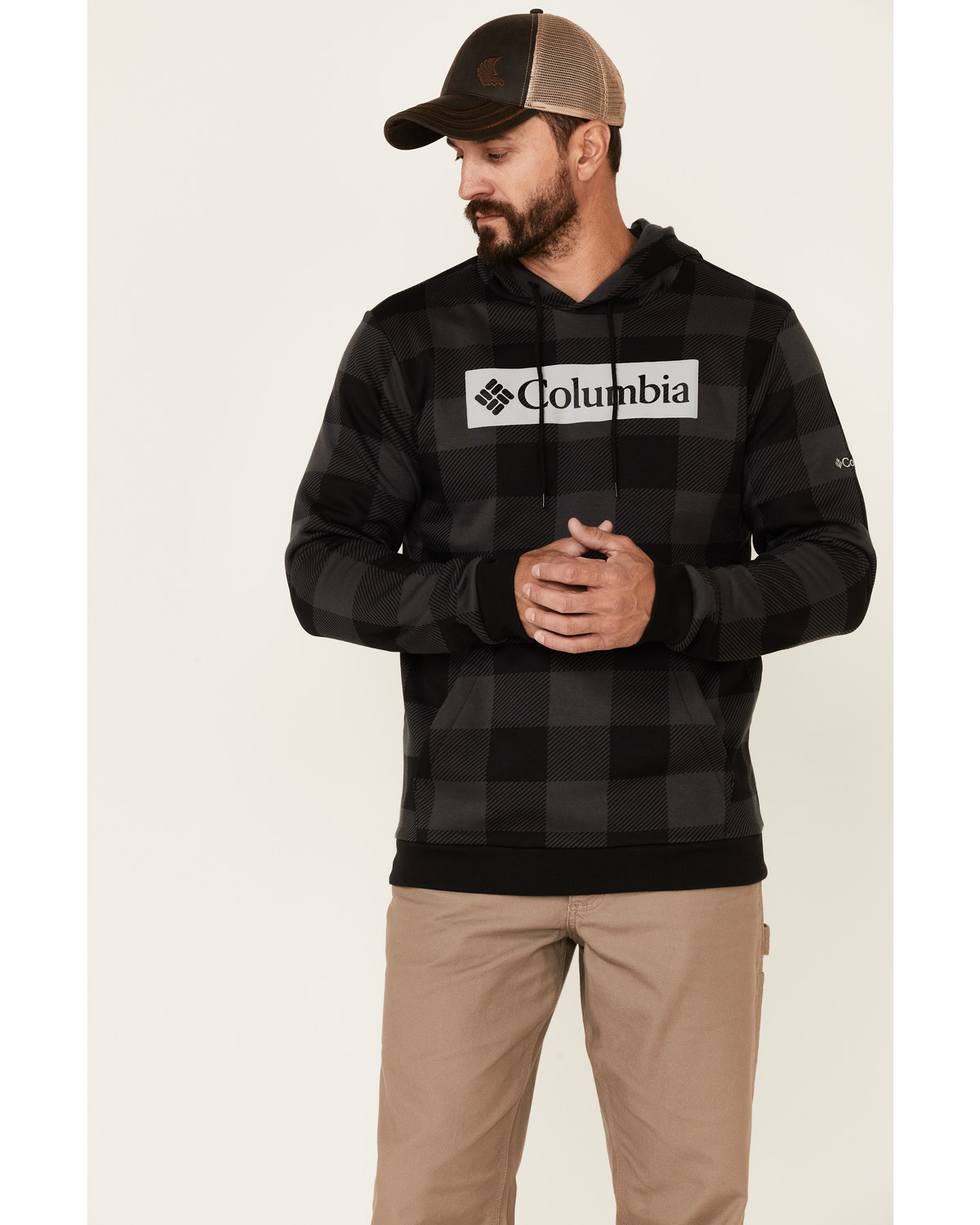Columbia Men's Black Buffalo Check Logo Graphic Pullover Hooded Sweatshirt