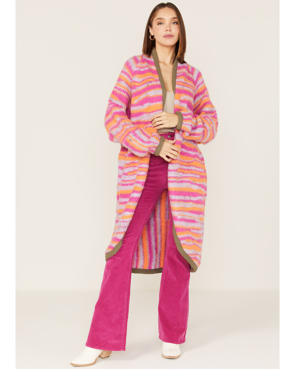 Free People Women's Pink Tiger Knit Duster