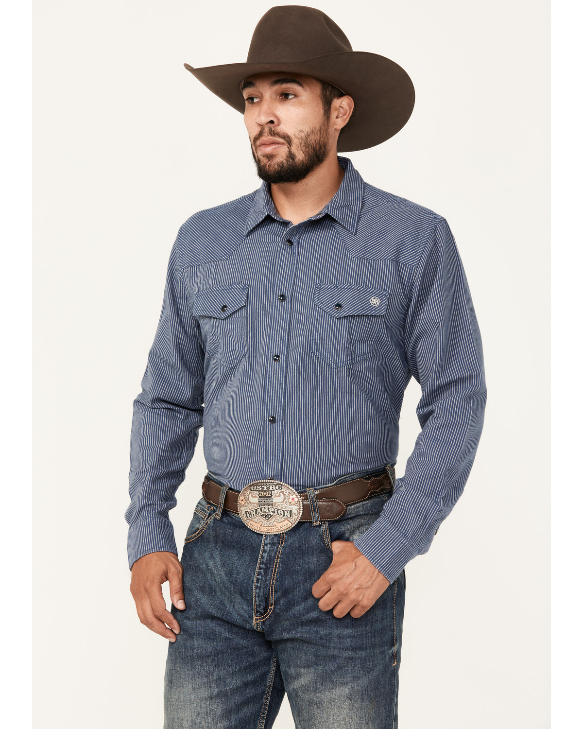 Blue Ranchwear Men's Somerville Herringbone Striped Print Long Sleeve Snap Work Shirt