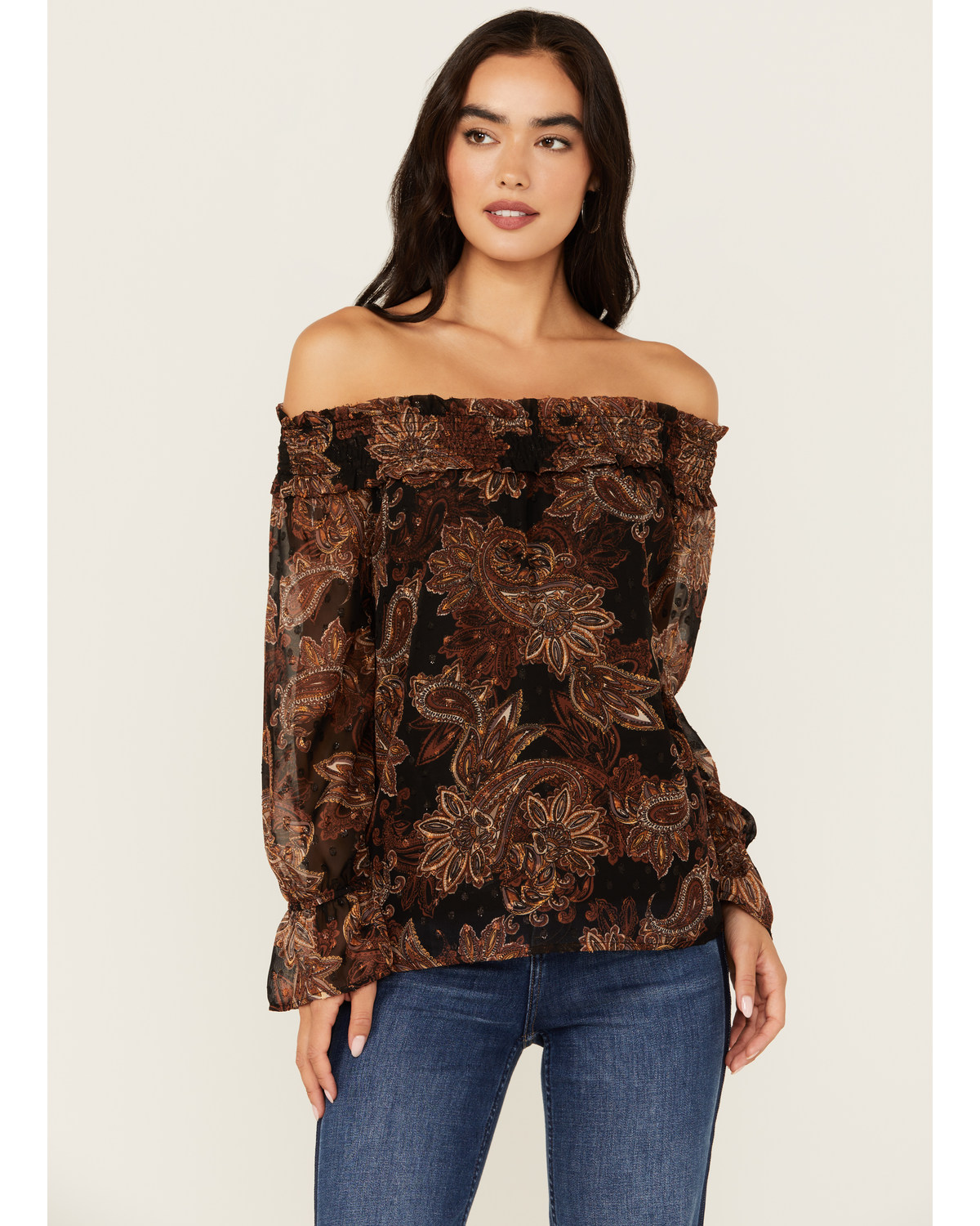 Wild Moss Women's Floral Pais Off The Shoulder Long Sleeve Top