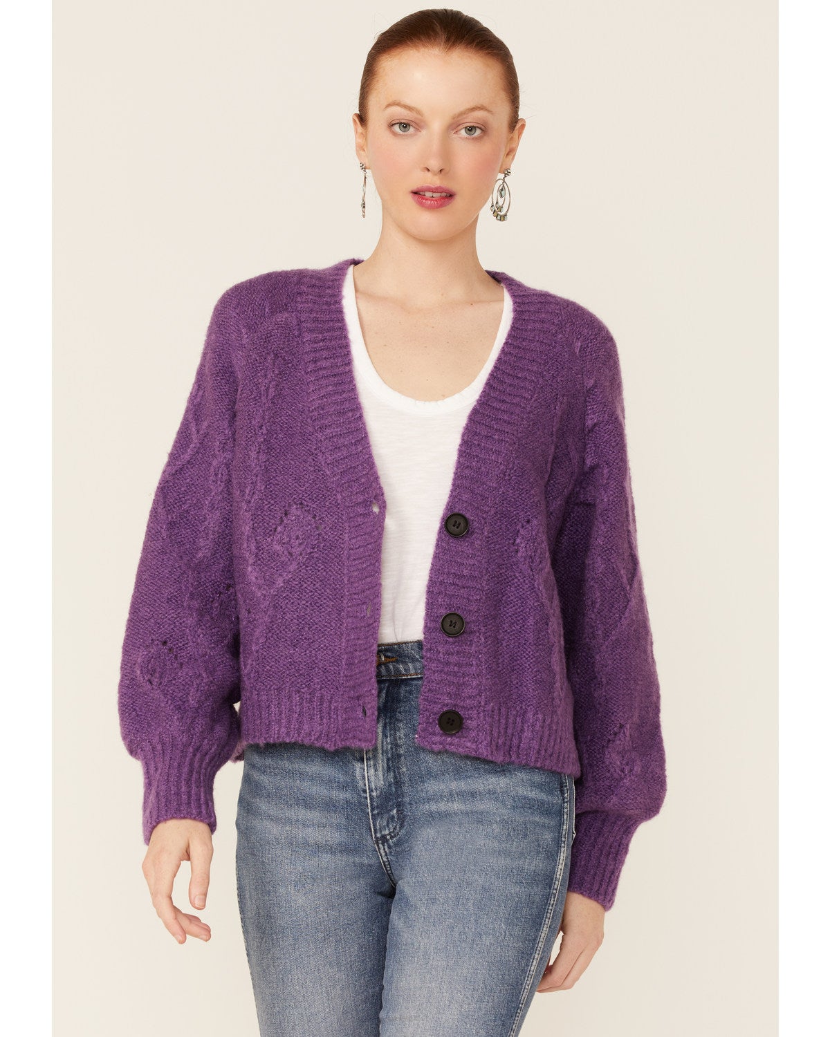 Women's Molly Bracken Purple Cable Knit Cardigan Sweater