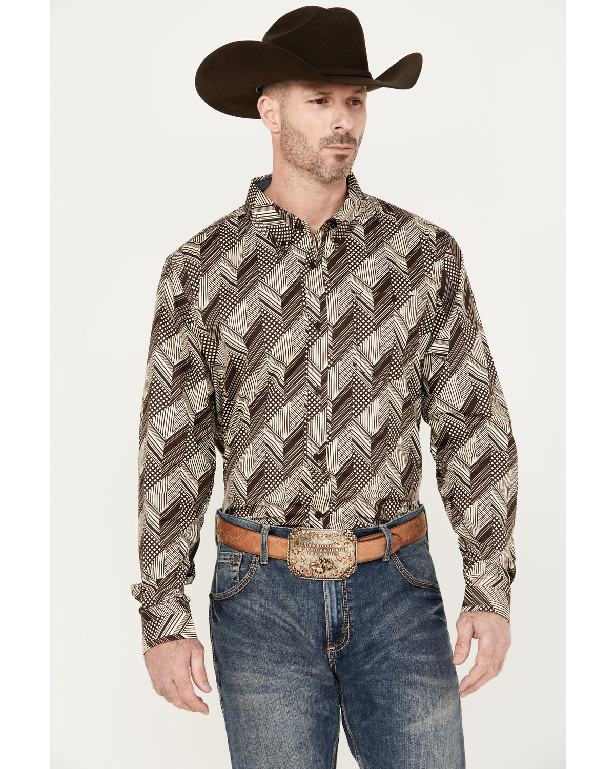 RANK 45® Men's Altonwon Striped Geo Print Long Sleeve Button-Down Western Shirt