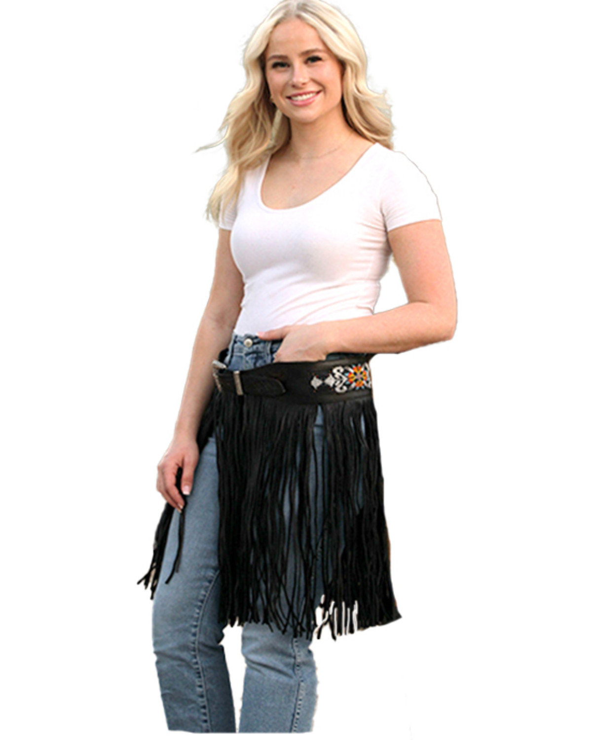 Kobler Women's Leather Hand Tooled Beaded Fringe Belt