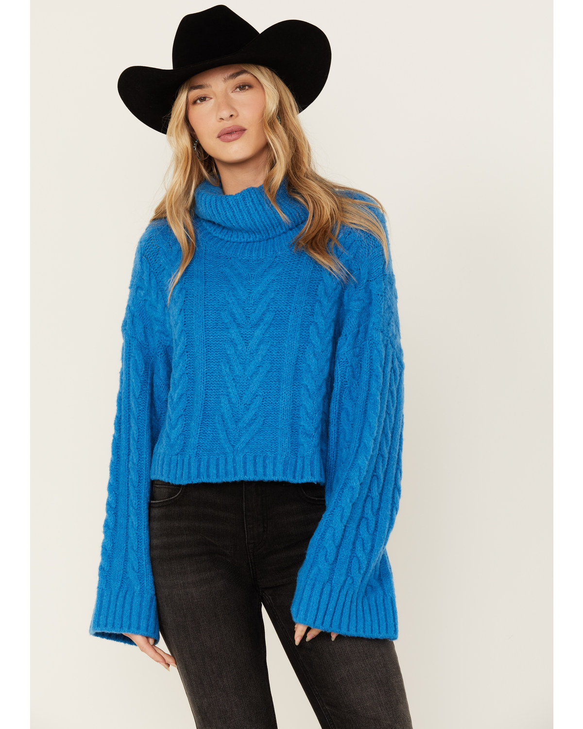 Revel Women's Turtleneck Cable Knit Cropped Sweater