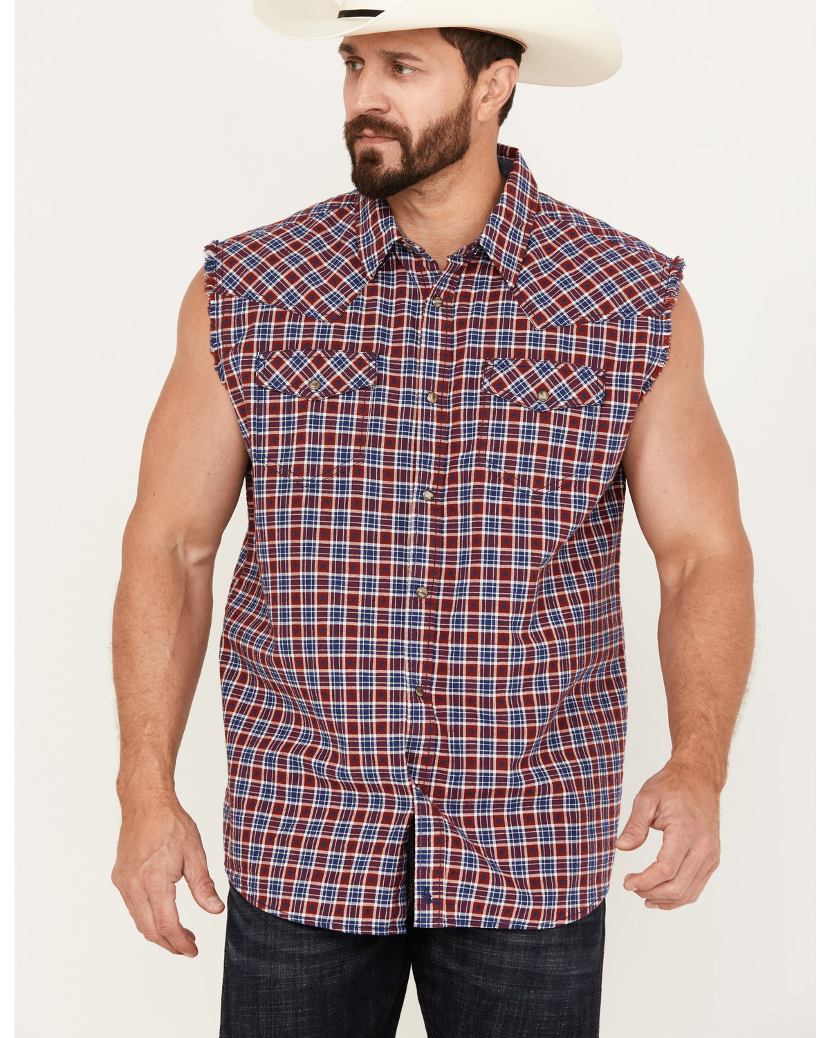 Cody James Men's Plaid Stars Bubba Sleeveless Western Shirt